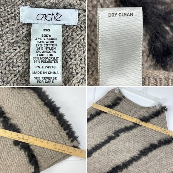 Vtg Cache Shawl Cable Knit Faux Fur Taupe Wool Angora Size XS/S poncho - Picture 3 of 12
